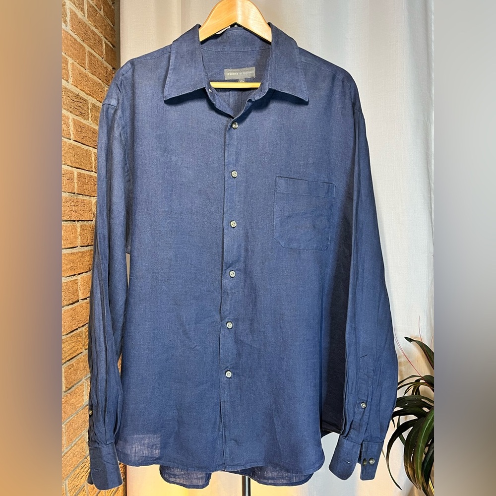 Tricots St Raphael 100% Linen Shirt Mens XXL Blue Button Front Lightweight